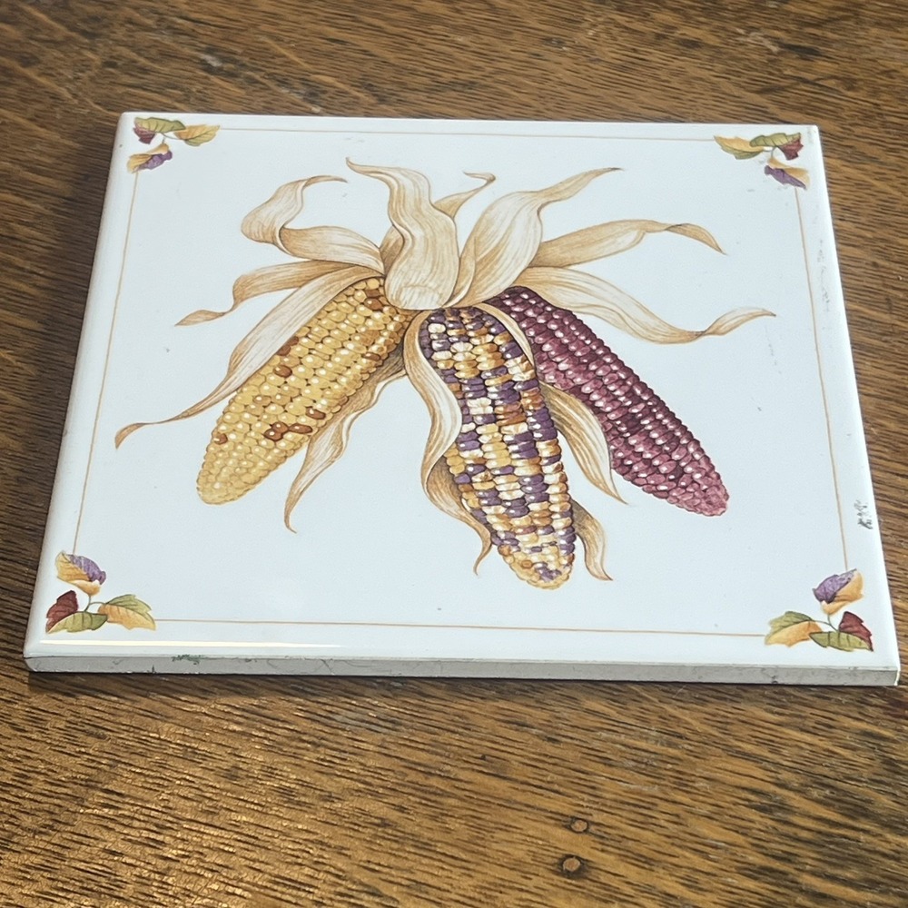 Avon Shades of Autumn 6in Ceramic Corn Tile Trivet 1984 Vintage Fall Harvest